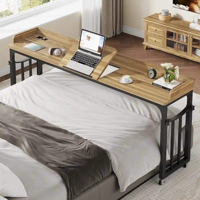 Table de lit avec roulettes, hauteur réglable, plateau inclinable, prises électriques et ports USB, marron