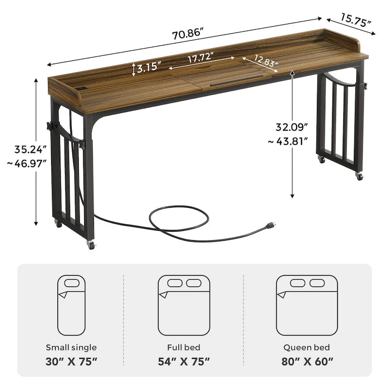 Table de lit avec roulettes, hauteur réglable, plateau inclinable, prises électriques et ports USB, marron