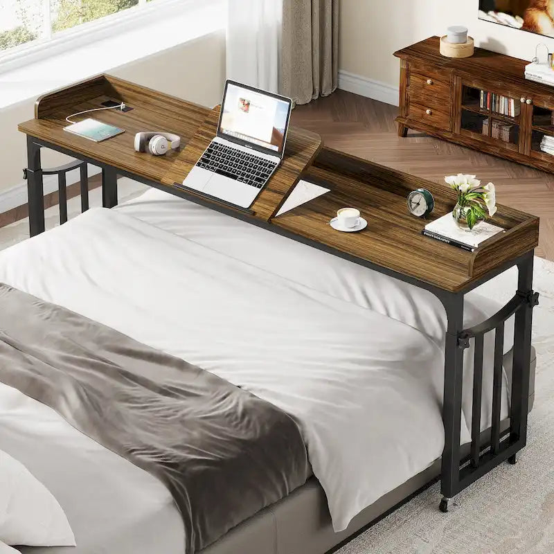 Table de lit avec roulettes, hauteur réglable, plateau inclinable, prises électriques et ports USB, marron