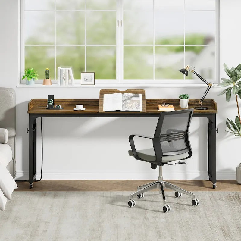 Table de lit avec roulettes, hauteur réglable, plateau inclinable, prises électriques et ports USB, marron
