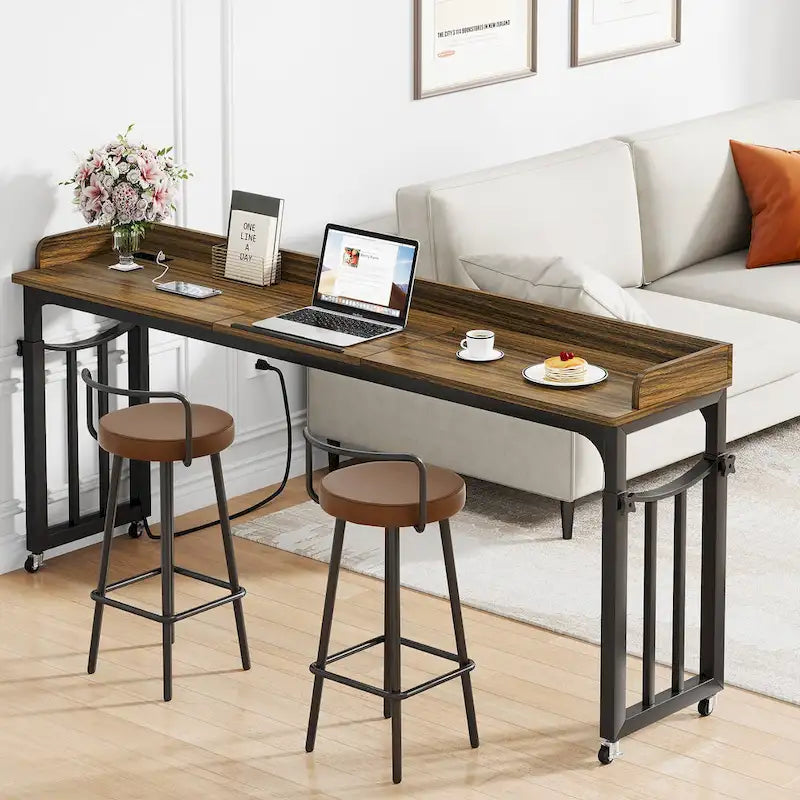 Table de lit avec roulettes, hauteur réglable, plateau inclinable, prises électriques et ports USB, marron
