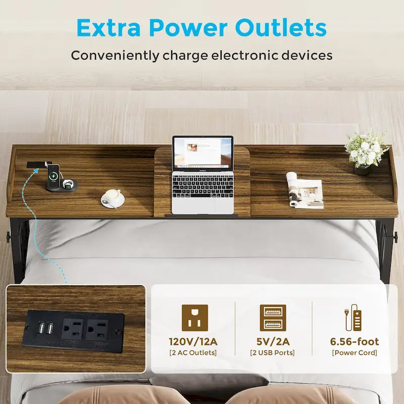 Table de lit avec roulettes, hauteur réglable, plateau inclinable, prises électriques et ports USB, marron