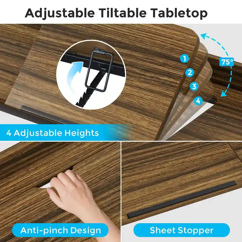 Table de lit avec roulettes, hauteur réglable, plateau inclinable, prises électriques et ports USB, marron