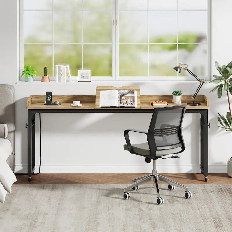 Table de lit avec roulettes, hauteur réglable, plateau inclinable, prises électriques et ports USB, marron