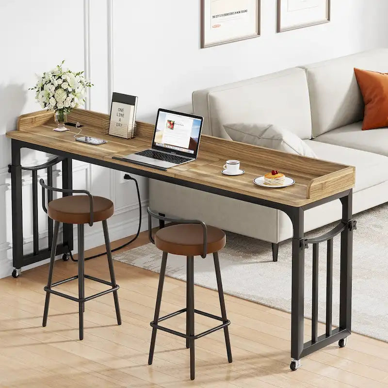 Table de lit avec roulettes, hauteur réglable, plateau inclinable, prises électriques et ports USB, marron