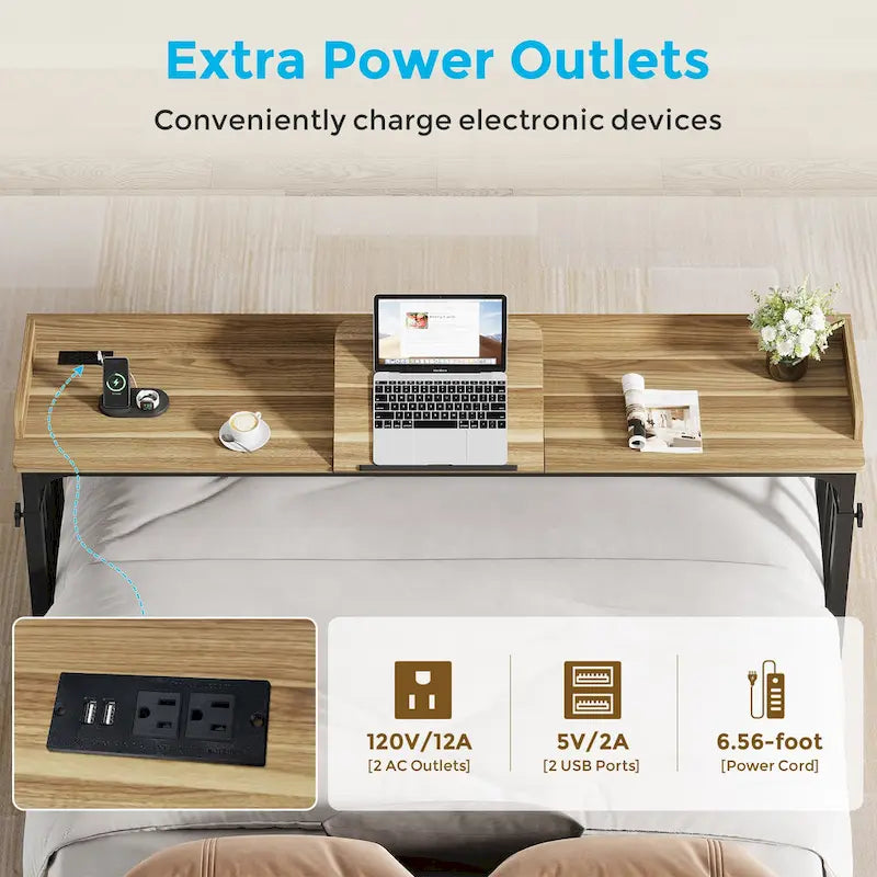 Table de lit avec roulettes, hauteur réglable, plateau inclinable, prises électriques et ports USB, marron