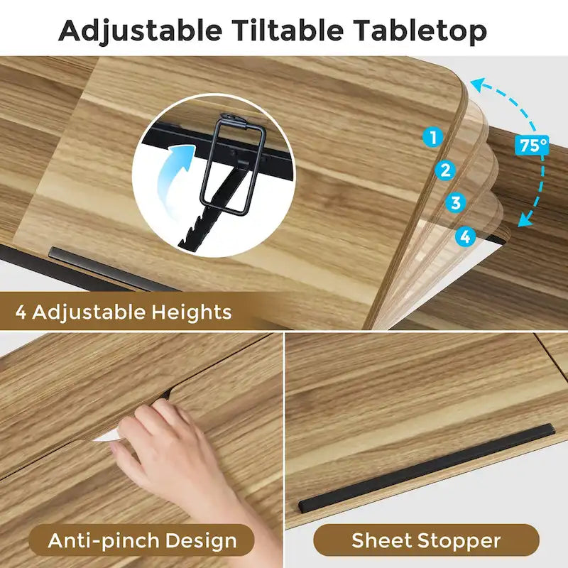 Table de lit avec roulettes, hauteur réglable, plateau inclinable, prises électriques et ports USB, marron