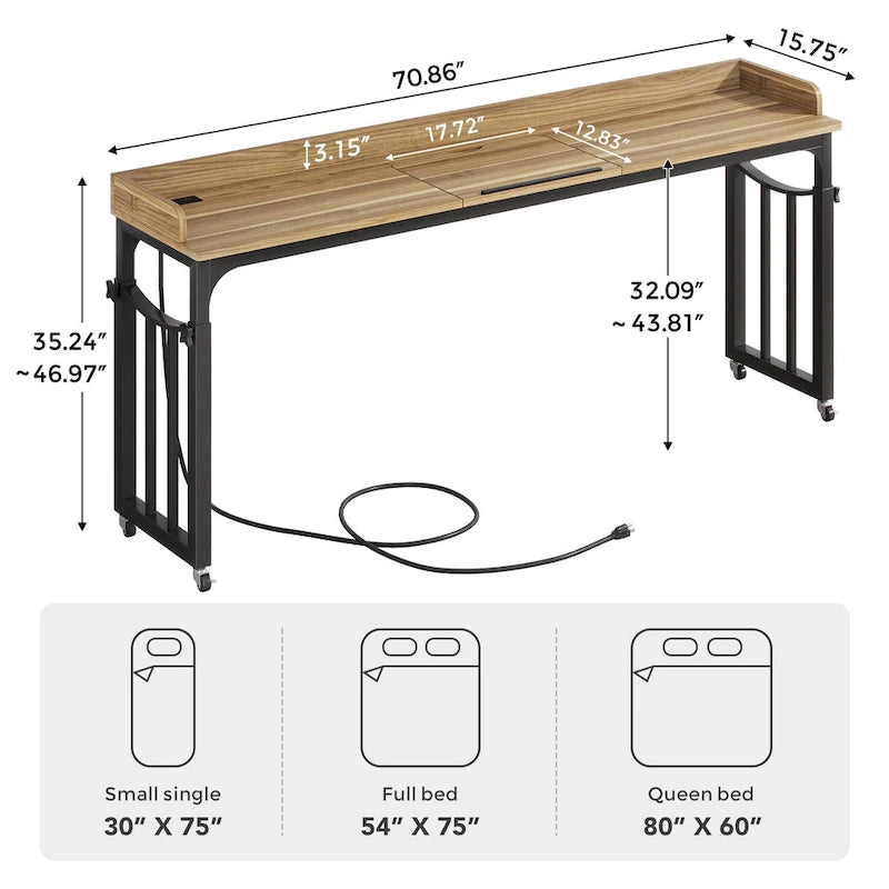 Table de lit avec roulettes, hauteur réglable, plateau inclinable, prises électriques et ports USB, marron