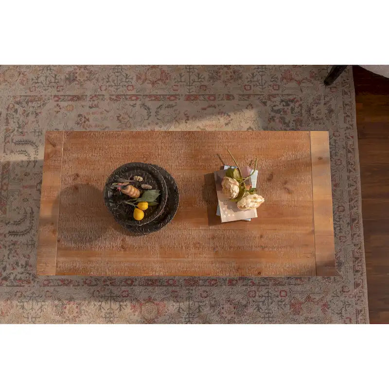 Table basse rectangulaire rustique à 2 niveaux en bois massif avec étagère de rangement ouverte
