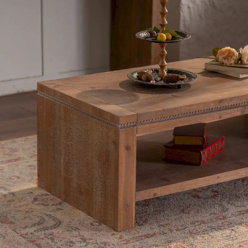 Table basse rectangulaire rustique à 2 niveaux en bois massif avec étagère de rangement ouverte