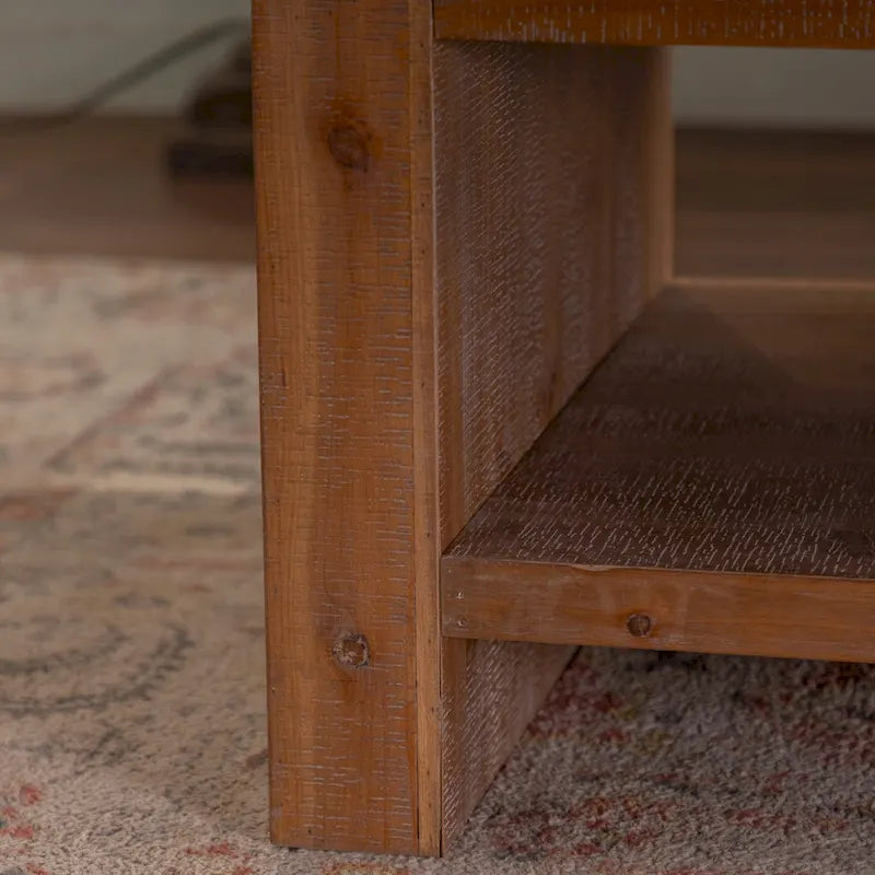Table basse rectangulaire rustique à 2 niveaux en bois massif avec étagère de rangement ouverte