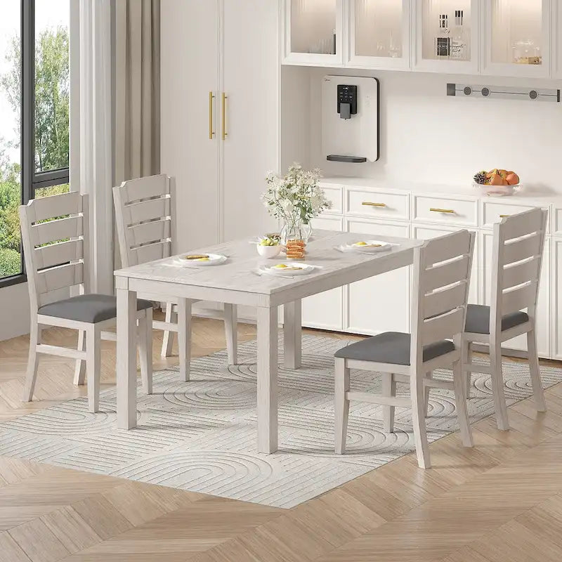 Table à manger rectangulaire en bois de pin massif de 63 pouces avec finition brossée, Gris