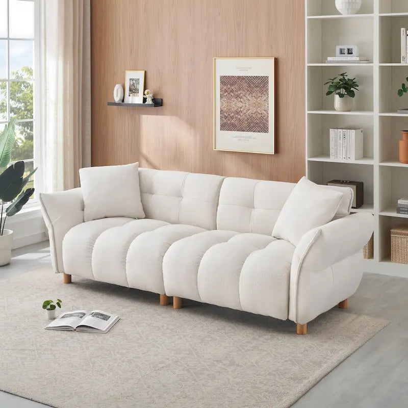 Canapé 3 places Mid-Century Modern en tissu Teddy Beige Vert Jaune