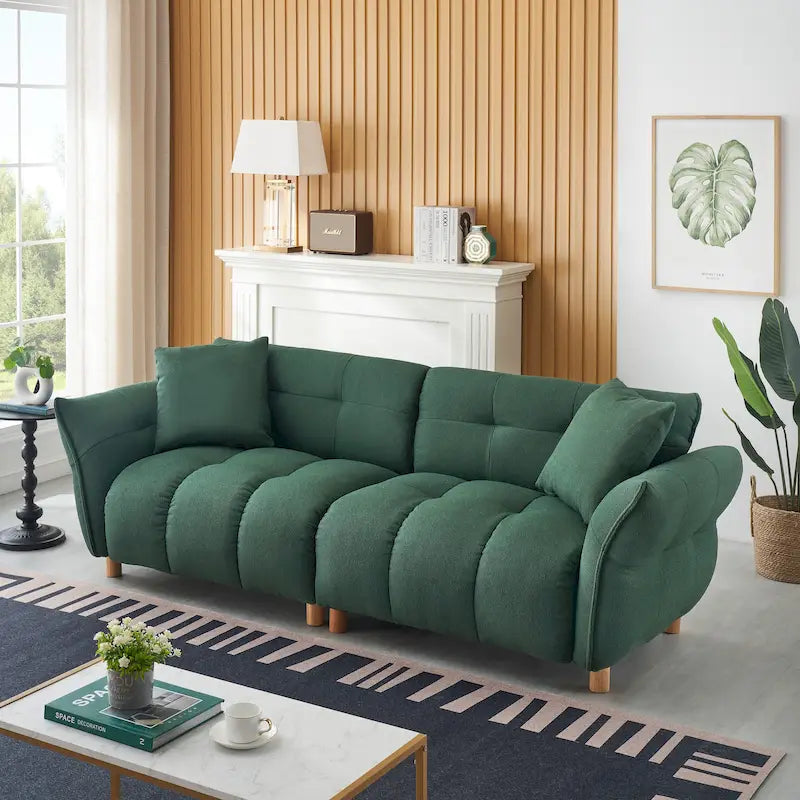 Canapé 3 places Mid-Century Modern en tissu Teddy Beige Vert Jaune
