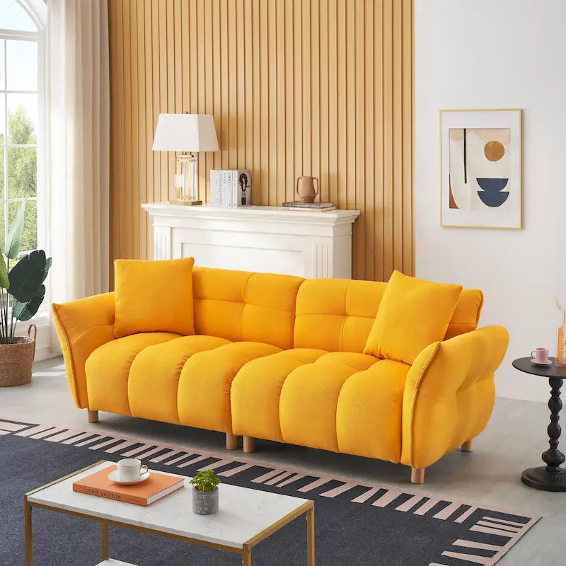 Canapé 3 places Mid-Century Modern en tissu Teddy Beige Vert Jaune