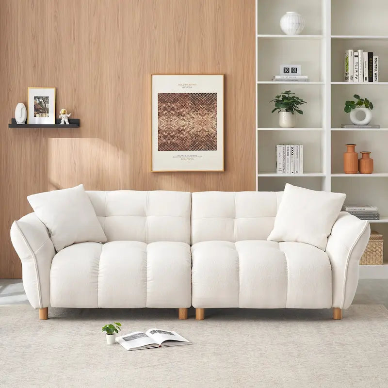 Canapé 3 places Mid-Century Modern en tissu Teddy Beige Vert Jaune