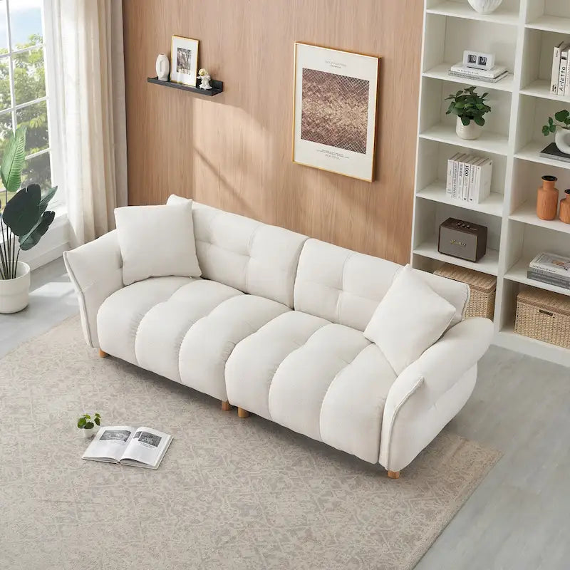 Canapé 3 places Mid-Century Modern en tissu Teddy Beige Vert Jaune