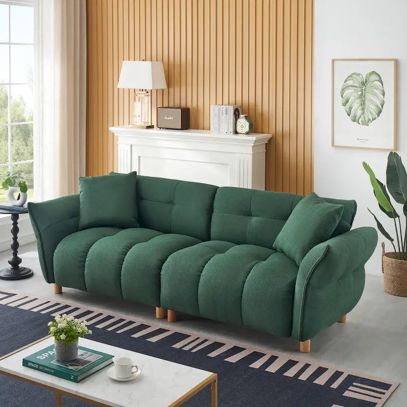 Canapé 3 places Mid-Century Modern en tissu Teddy Beige Vert Jaune
