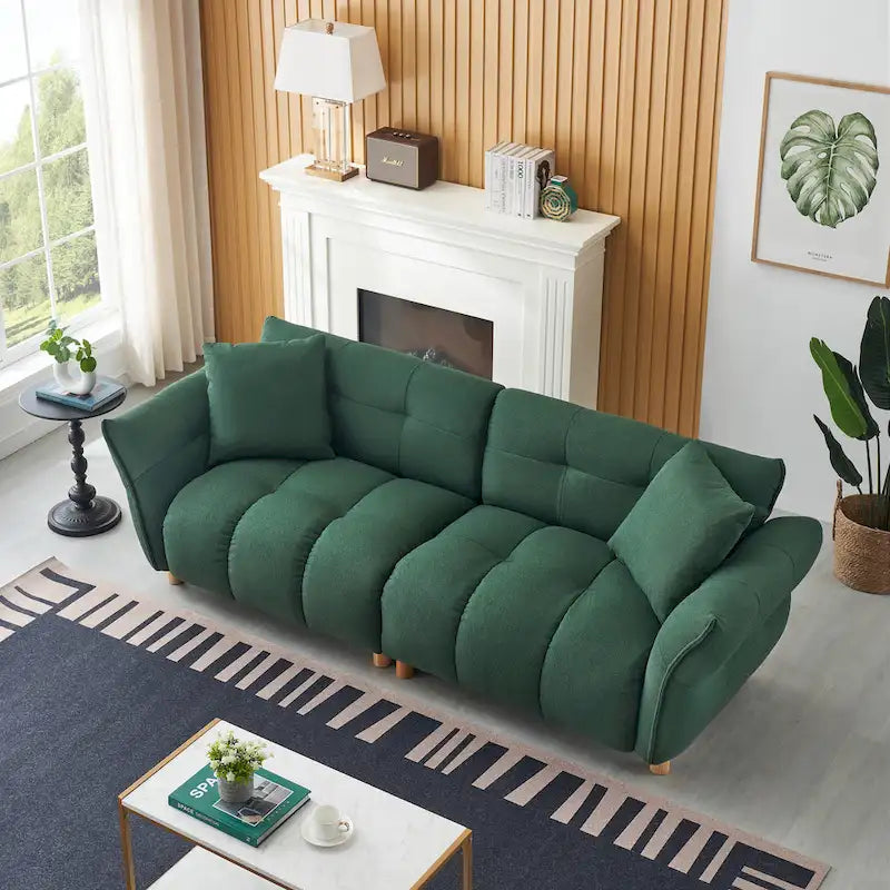 Canapé 3 places Mid-Century Modern en tissu Teddy Beige Vert Jaune