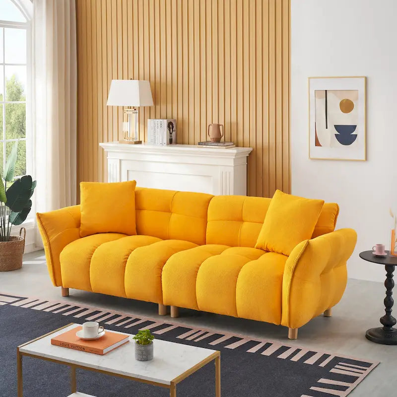 Canapé 3 places Mid-Century Modern en tissu Teddy Beige Vert Jaune