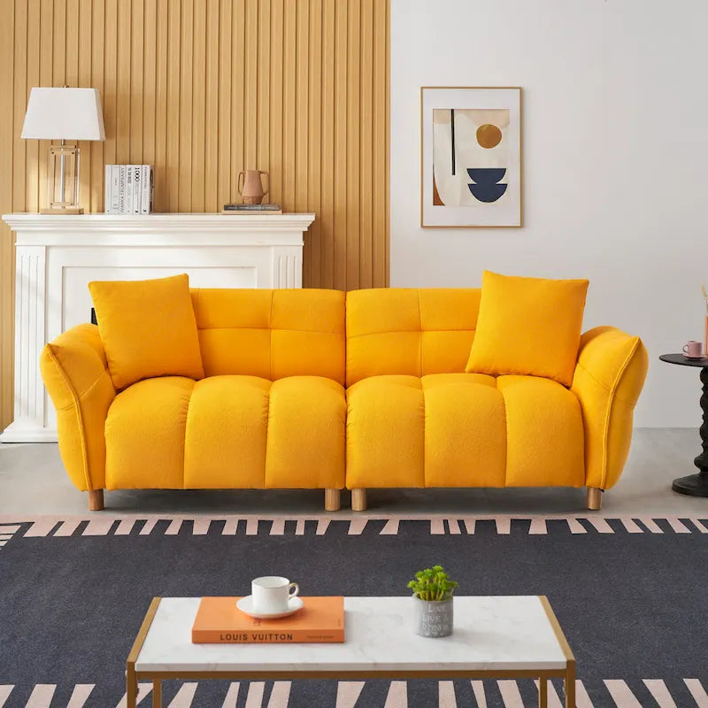 Canapé 3 places Mid-Century Modern en tissu Teddy Beige Vert Jaune