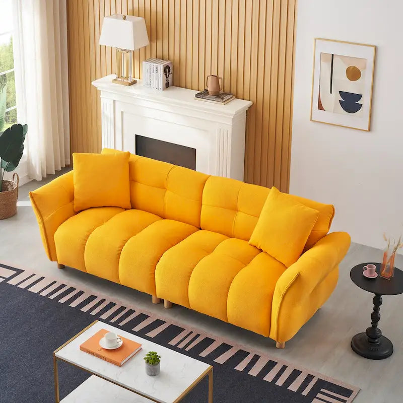 Canapé 3 places Mid-Century Modern en tissu Teddy Beige Vert Jaune