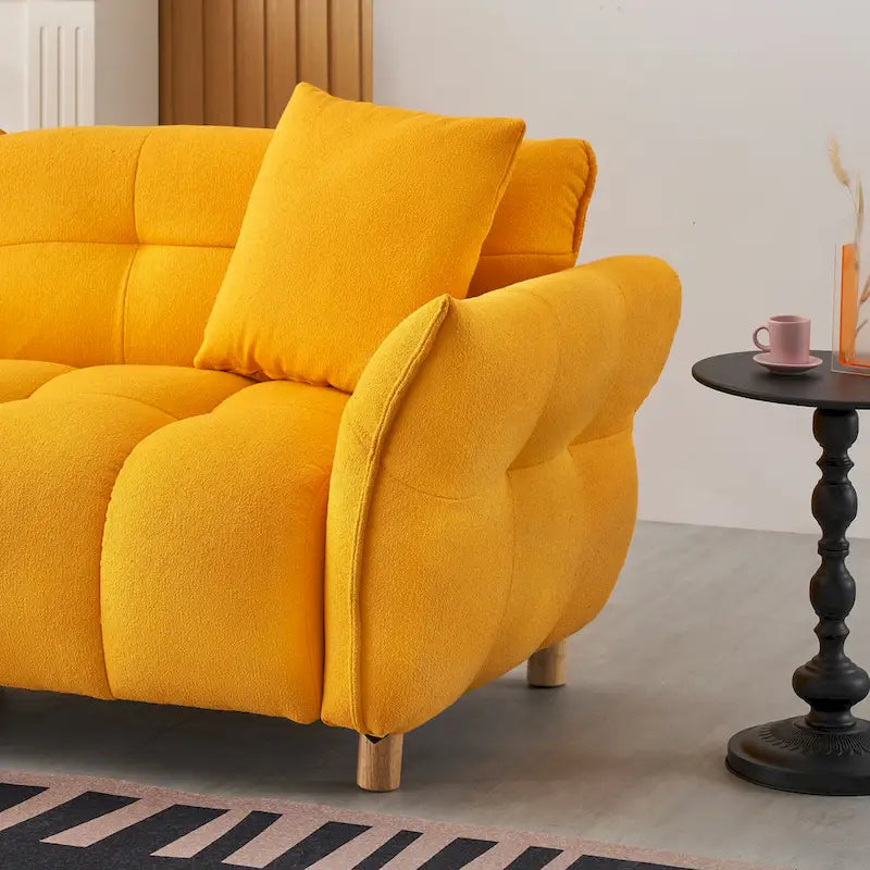 Canapé 3 places Mid-Century Modern en tissu Teddy Beige Vert Jaune