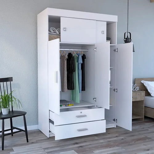 Armoire penderie à 3 portes avec tringle, tiroirs et étagères, en bois d'ingénierie