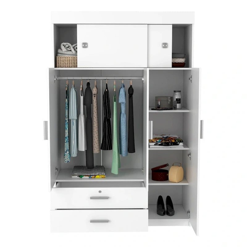 Armoire penderie à 3 portes avec tringle, tiroirs et étagères, en bois d'ingénierie