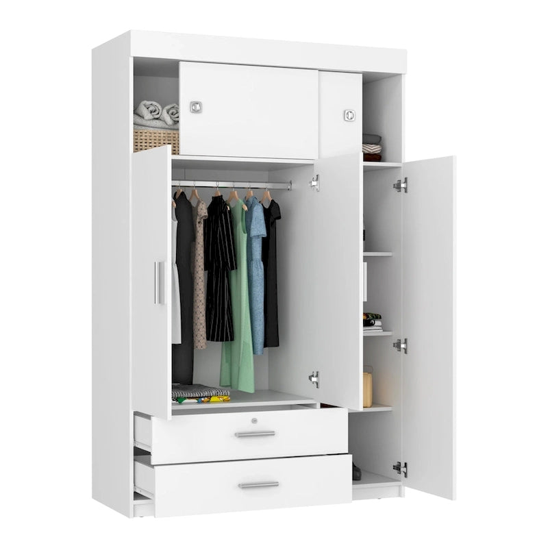 Armoire penderie à 3 portes avec tringle, tiroirs et étagères, en bois d'ingénierie