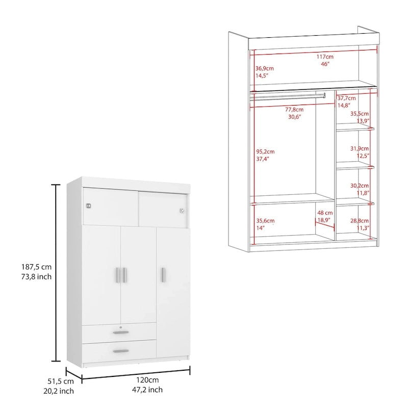 Armoire penderie à 3 portes avec tringle, tiroirs et étagères, en bois d'ingénierie