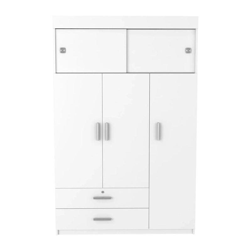 Armoire penderie à 3 portes avec tringle, tiroirs et étagères, en bois d'ingénierie