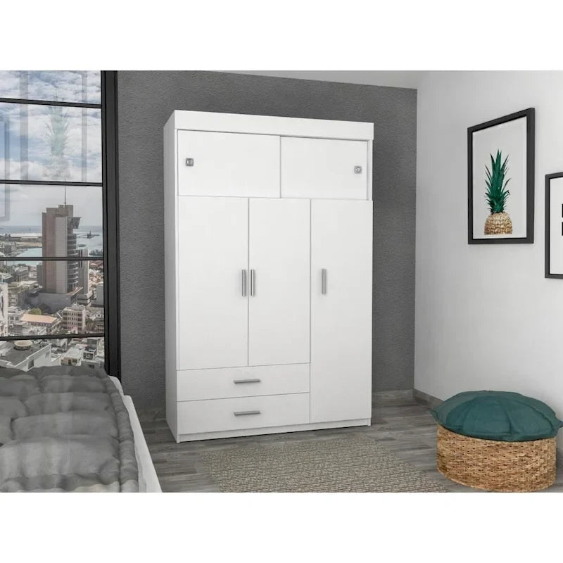 Armoire penderie à 3 portes avec tringle, tiroirs et étagères, en bois d'ingénierie
