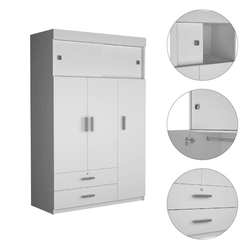 Armoire penderie à 3 portes avec tringle, tiroirs et étagères, en bois d'ingénierie