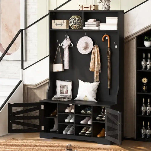 Wide Hall Tree with 10 Shoe Cubbies & 7 Coat Hooks, 43 W Coat Rack with Entryway Bench, 3-in-1 Design and Adjustable Shelves