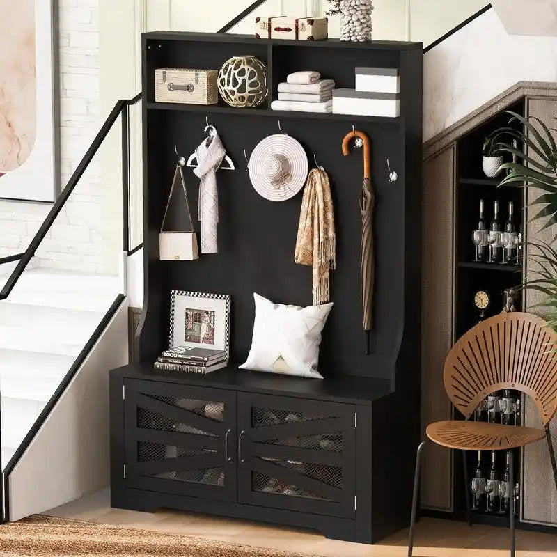 Portemanteau d'entrée noir avec armoire à chaussures, banc et patères