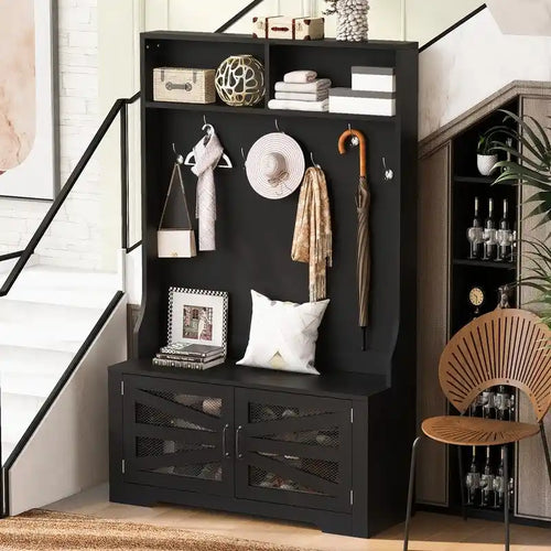 Portemanteau d'entrée noir avec armoire à chaussures, banc et patères