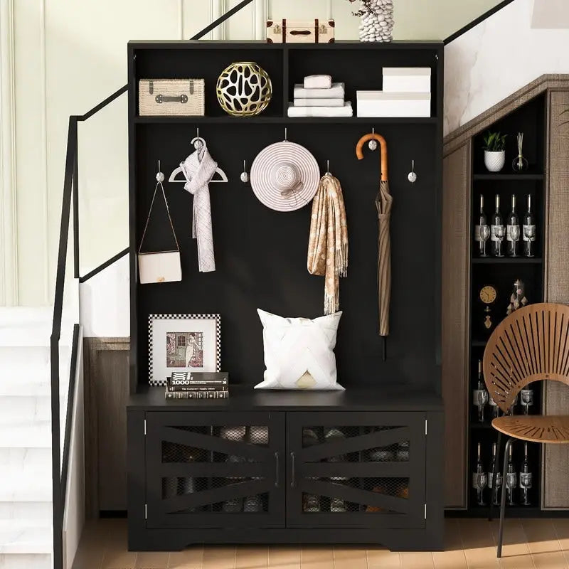 Portemanteau d'entrée noir avec armoire à chaussures, banc et patères