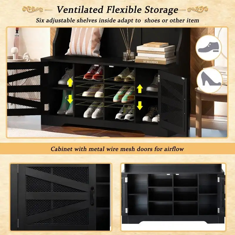 Portemanteau d'entrée noir avec armoire à chaussures, banc et patères