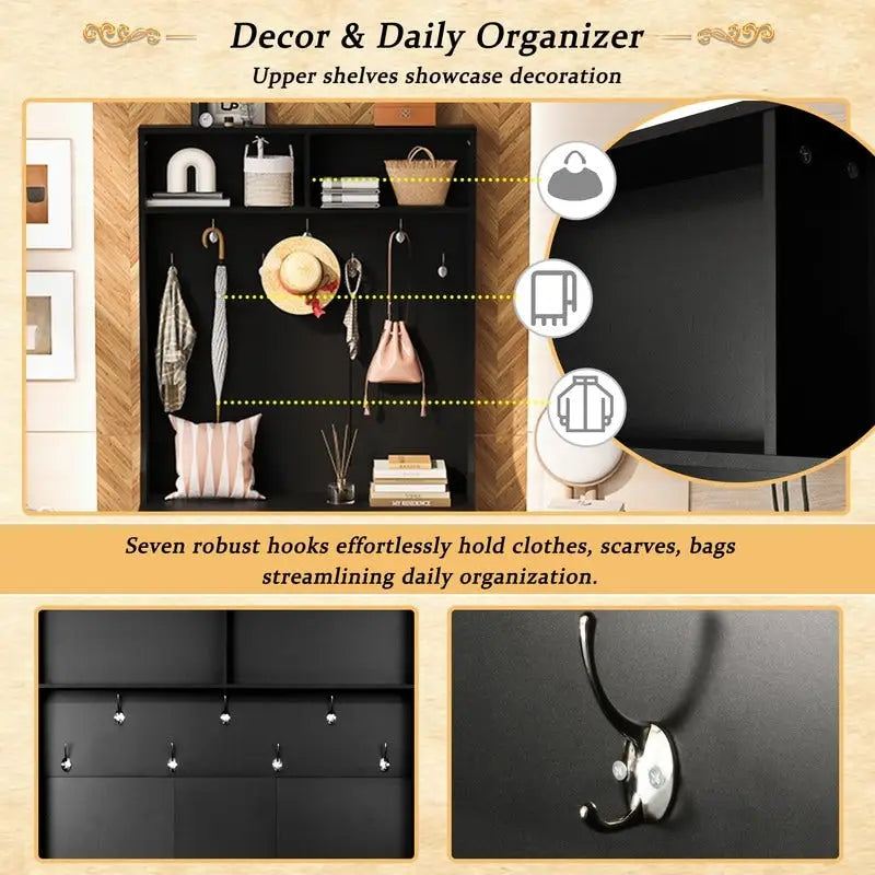 Portemanteau d'entrée noir avec armoire à chaussures, banc et patères