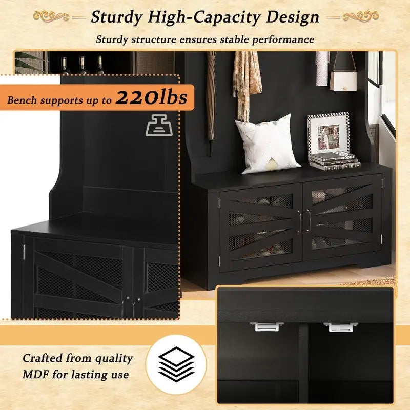 Portemanteau d'entrée noir avec armoire à chaussures, banc et patères