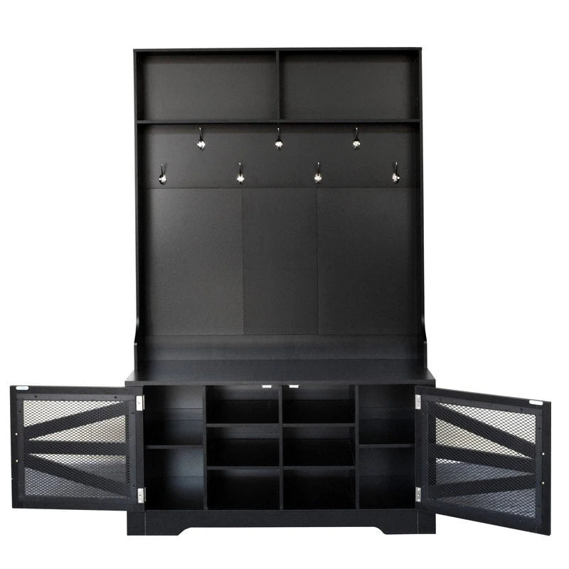 Portemanteau d'entrée noir avec armoire à chaussures, banc et patères