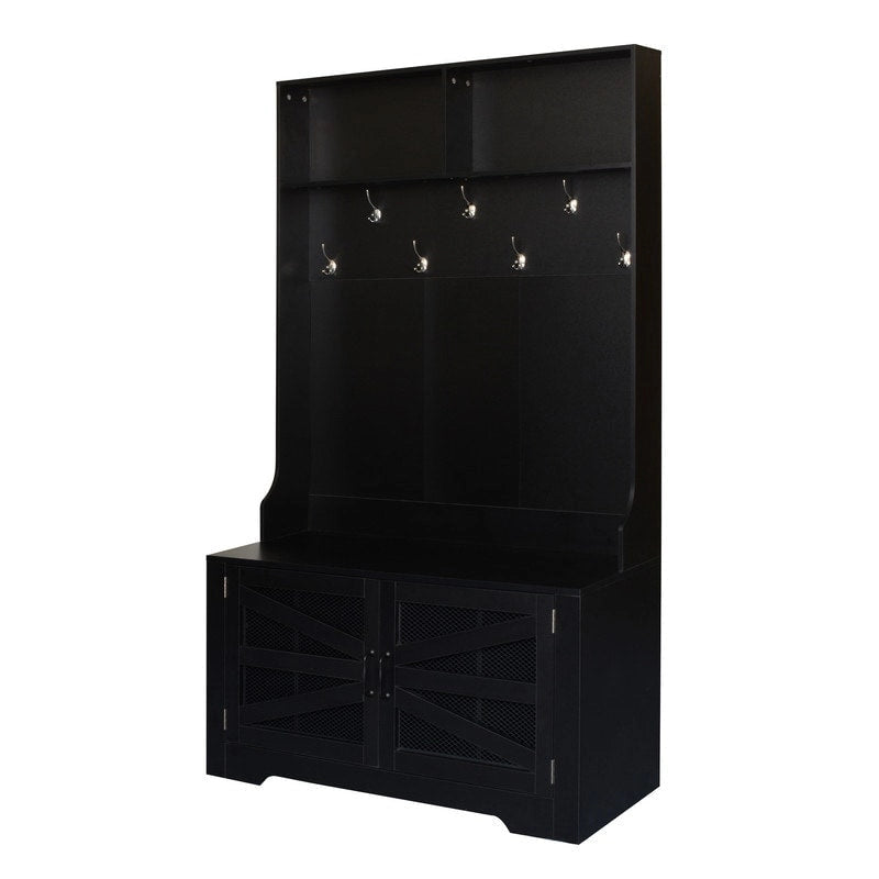 Portemanteau d'entrée noir avec armoire à chaussures, banc et patères