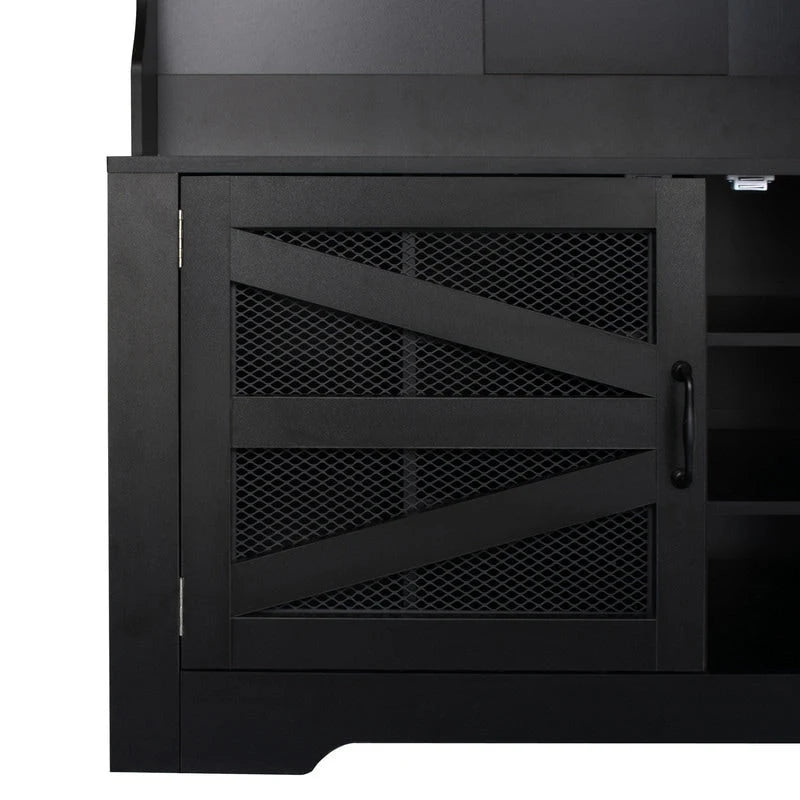 Portemanteau d'entrée noir avec armoire à chaussures, banc et patères