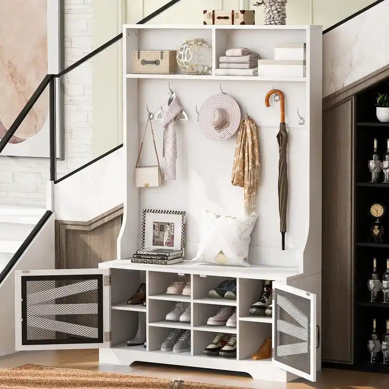 Portemanteau d'entrée noir avec armoire à chaussures, banc et patères