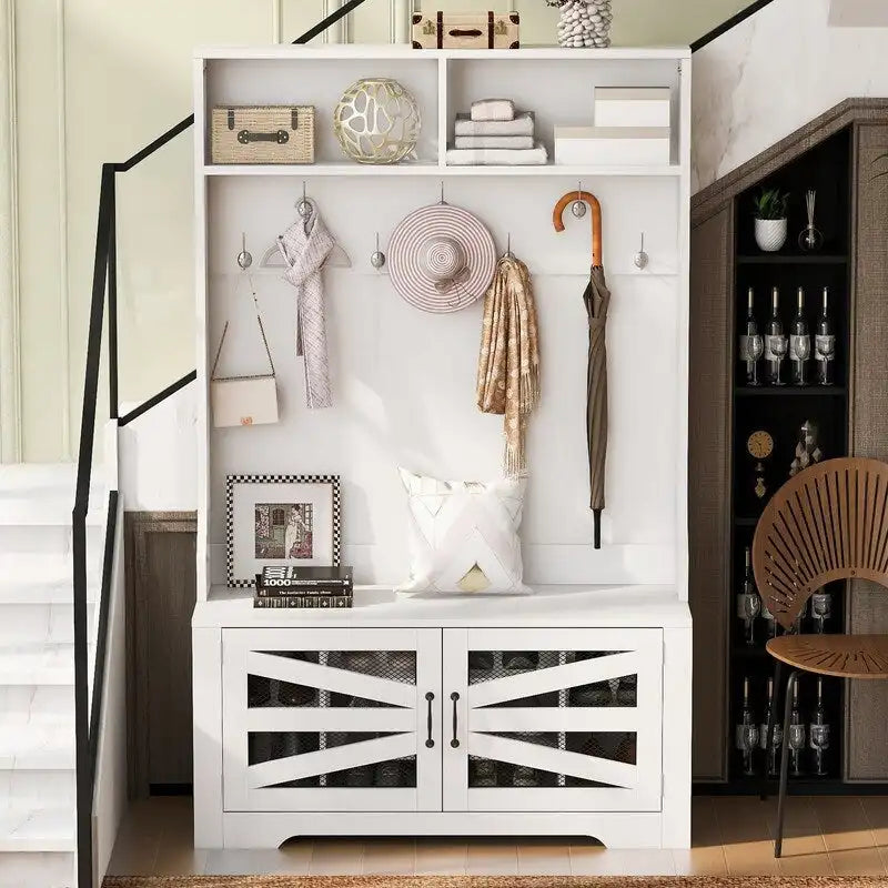 Portemanteau d'entrée noir avec armoire à chaussures, banc et patères