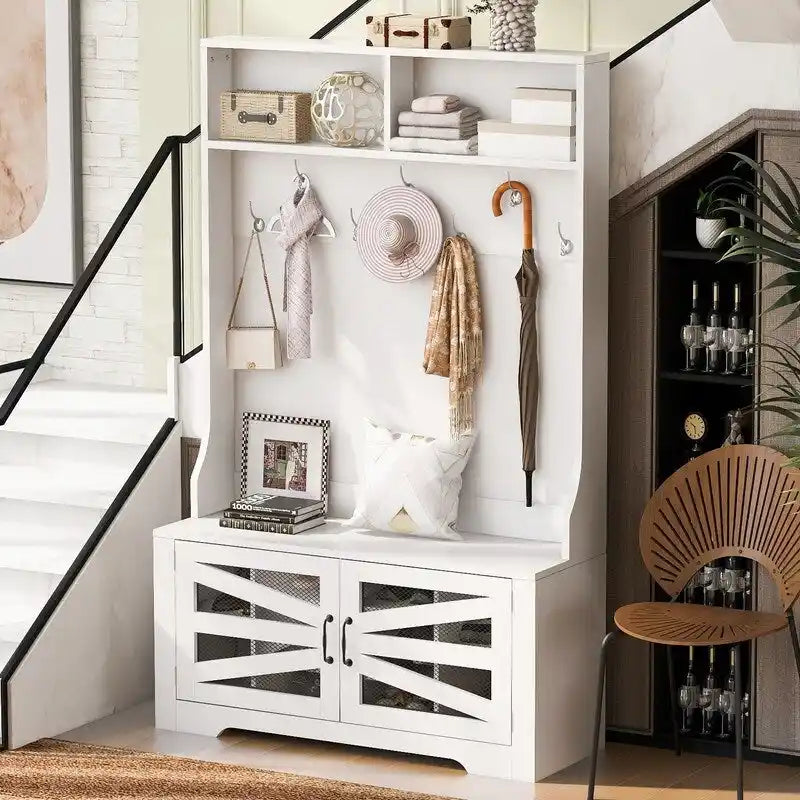 Portemanteau d'entrée noir avec armoire à chaussures, banc et patères