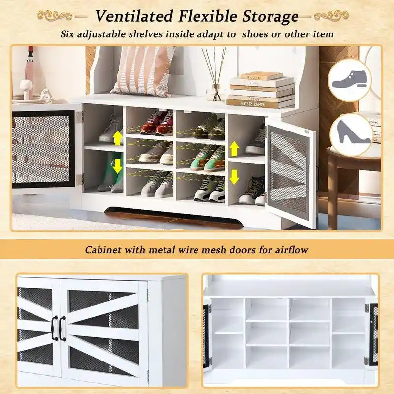 Portemanteau d'entrée noir avec armoire à chaussures, banc et patères
