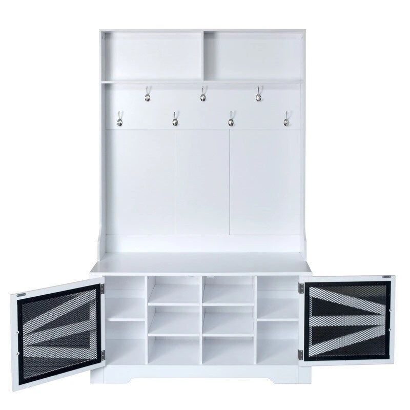 Portemanteau d'entrée noir avec armoire à chaussures, banc et patères