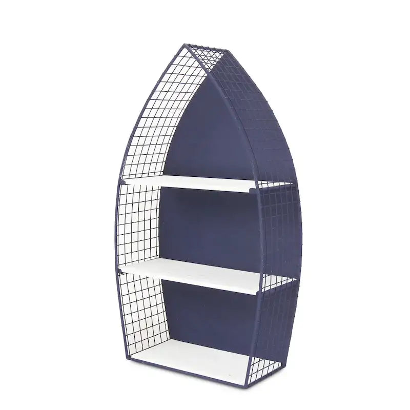 Étagère Murale Décorative en Forme de Barque Côtière, Bleu Marine Blanc, Bois et Métal